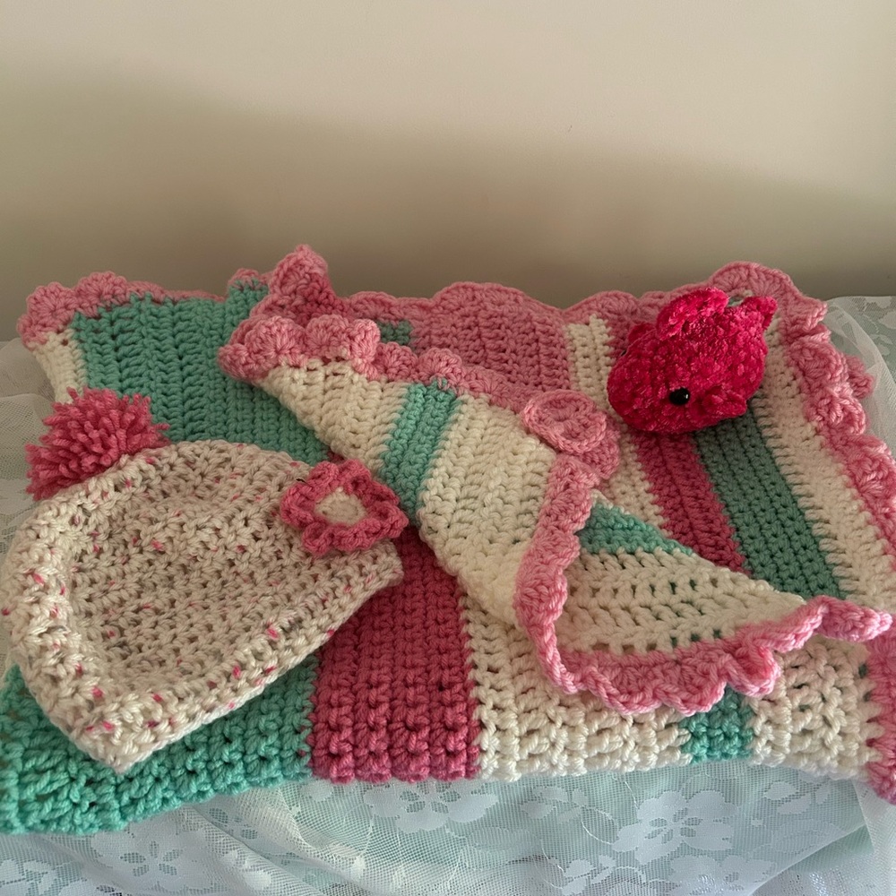 Handmade by Cindy  Baby Blanket and Hat Set with toy in Pink green and Cream